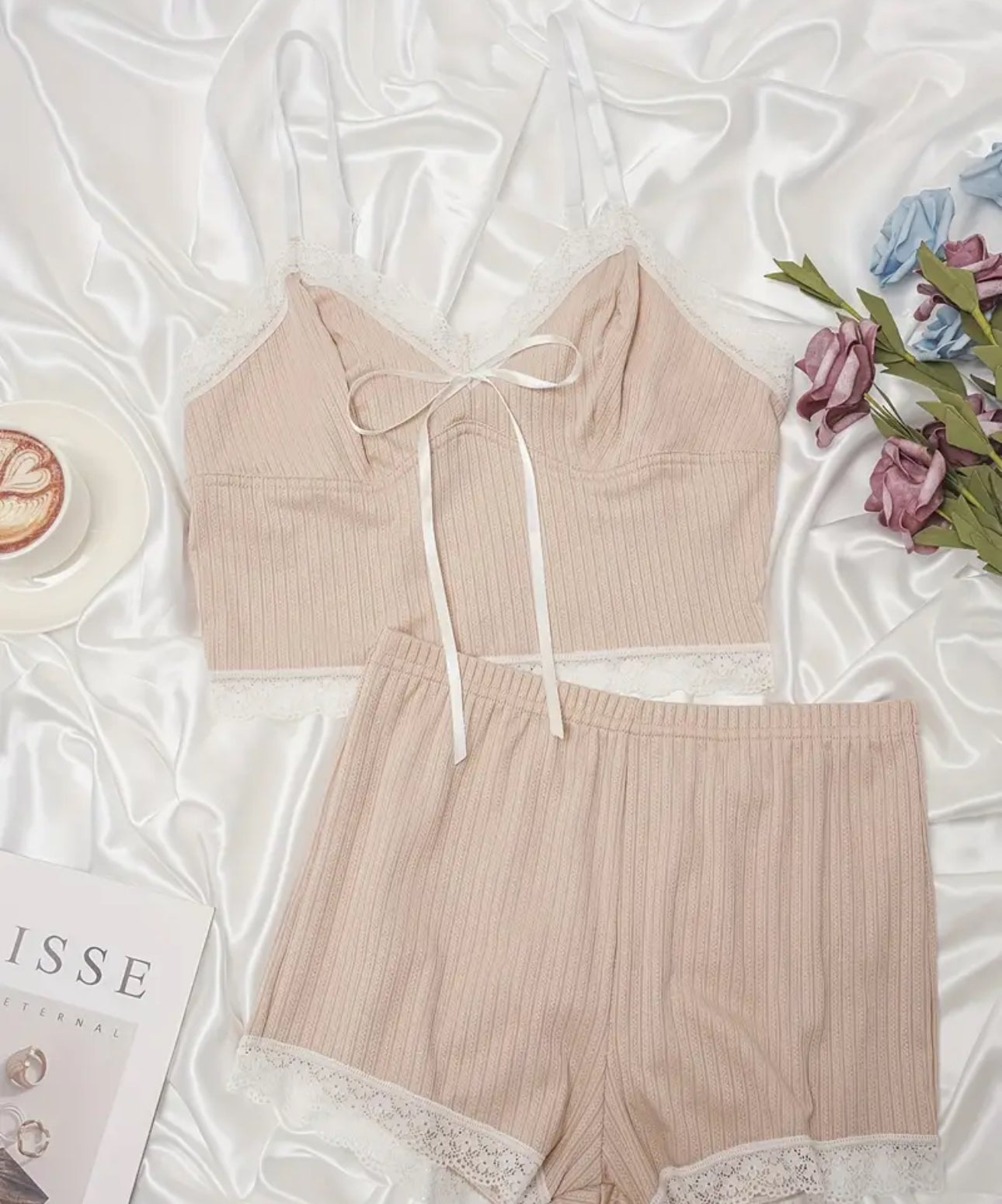 Two piece nude brown and white lace